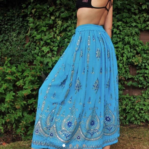 Bollywood Indian Maxi Skirt Turquoise Gypsy Ethnic Sequins Rayon Boho India OS - Picture 1 of 16
